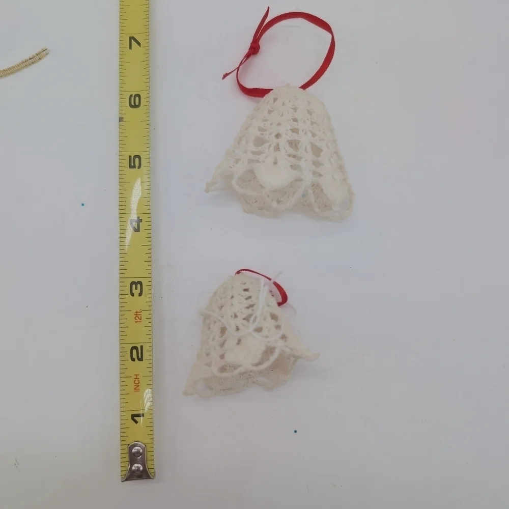 Vintage Starched Crochet Bell Pair Ornaments with Red Ribbon
